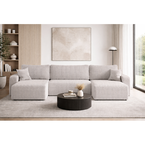 Canapé D’angle Réversible Pianioo U Convertible – Velours Côtelé Blanc Coffre