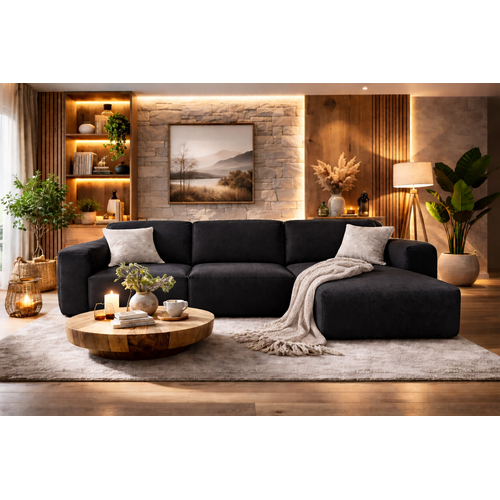 Canapé D’angle Luxor L Droit Convertible Avec Coffre – Salon Moderne, Lit D’appoint, Tissu Noir