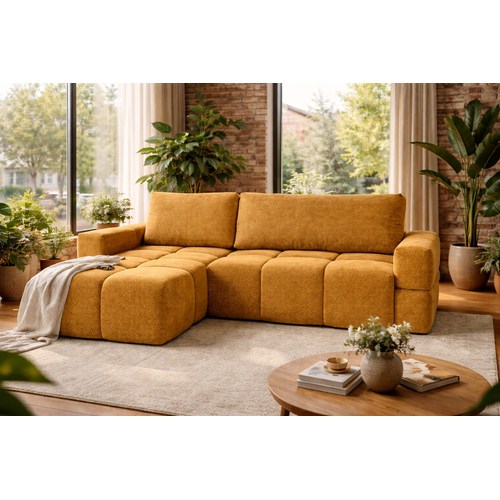 Canapé D’angle Modena Réversible Convertible Avec Coffre Design Moderne, Tissu Moutarde