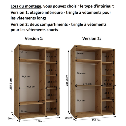 Armoire Lanko 2 à Portes Coulissantes 235,2/150/60 3 Portes (blanc/blanc)