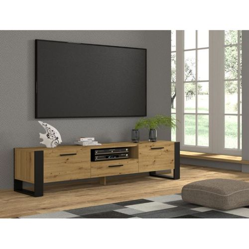Buffet Meuble TV Nuka 200 Cm Meuble Hi-fi Chêne Artisan Jambes Noires Et Poignées