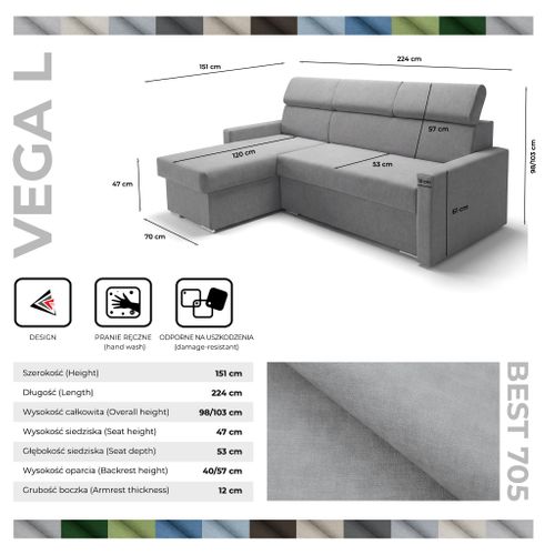 Canapé D'angle Convertible 4 Places Vega L En Velours Acier 224x151 Cm