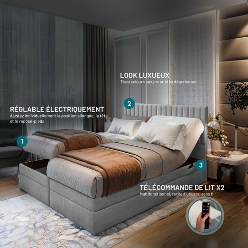 Lit Boxspring 140x200 Cm Adèle Ensemble De Matelas Et Sommier Relaxation Électrique