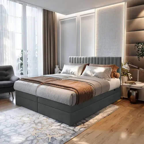 Lit Adulte 200x200 Cm Adèle Ensemble Matelas+sommier Relaxation Électrique En Velour Gris Foncé