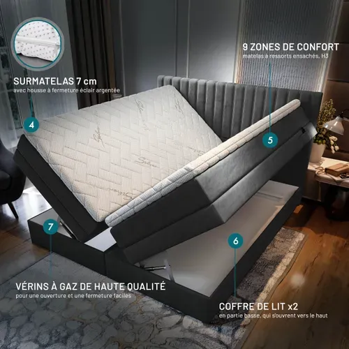 Lit Adulte 200x200 Cm Adèle Ensemble Matelas+sommier Relaxation Électrique En Velour Gris Foncé