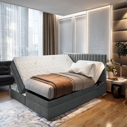 Lit Adulte 200x200 Cm Adèle Ensemble Matelas+sommier Relaxation Électrique En Velour Gris Foncé
