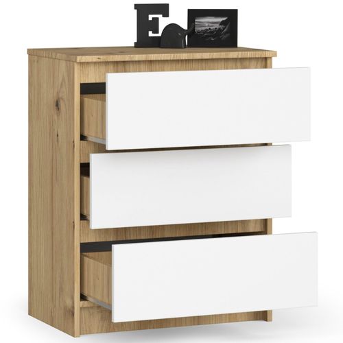 Commode K60 Chêne Artisan 60 Cm 3 Tiroirs Façade Blanche 60x40x77 Cm
