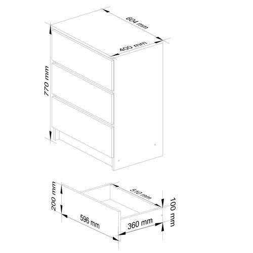 Commode K60 Chêne Artisan 60 Cm 3 Tiroirs Façade Blanche 60x40x77 Cm