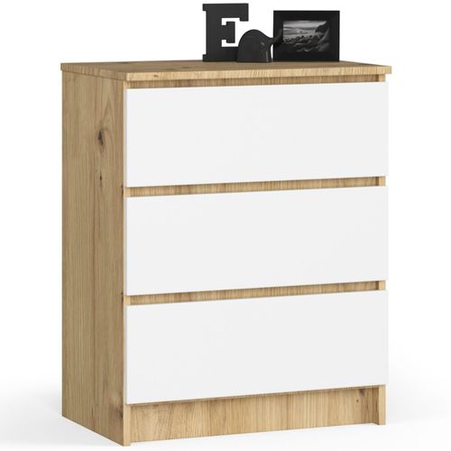 Commode K60 Chêne Artisan 60 Cm 3 Tiroirs Façade Blanche 60x40x77 Cm