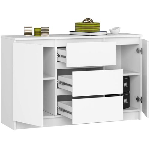 Commode K016 Blanche 120 Cm 2 Portes 3 Tiroirs Façade Blanche 4 étagères 120x40x77 Cm