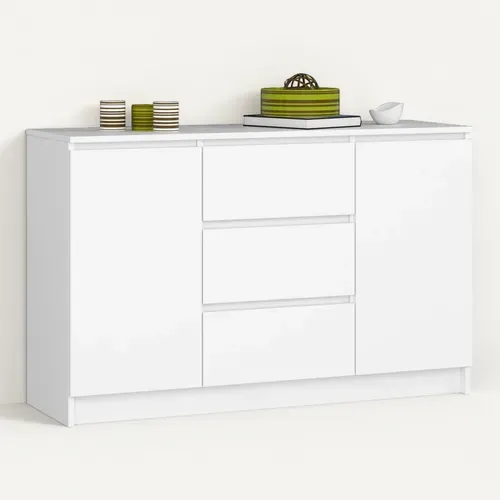 Commode K016 Blanche 120 Cm 2 Portes 3 Tiroirs Façade Blanche 4 étagères 120x40x77 Cm