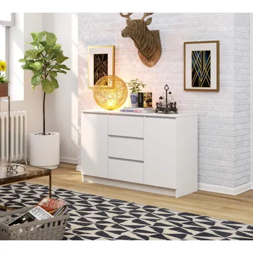 Commode K016 Blanche 120 Cm 2 Portes 3 Tiroirs Façade Blanche 4 étagères 120x40x77 Cm