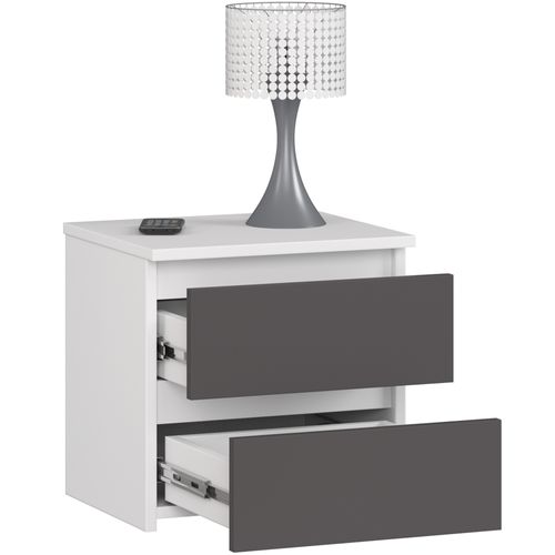 Table De Chevet Blanche 40 Cm 2 Tiroirs Façade Gris Graphite 40x35x40 Cm