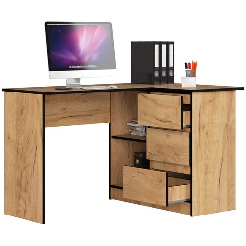 Bureau D'angle Droit B16 Chêne Craft 124 Cm 3 Tiroirs Façade Chêne Craft 2 Étagères 124x85x77