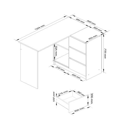 Bureau D'angle Droit B16 Chêne Craft 124 Cm 3 Tiroirs Façade Chêne Craft 2 Étagères 124x85x77