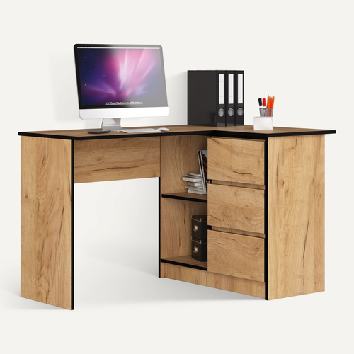 Bureau D'angle Droit B16 Chêne Craft 124 Cm 3 Tiroirs Façade Chêne Craft 2 Étagères 124x85x77