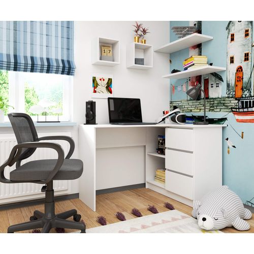 Bureau D'angle Droit B16 Chêne Craft 124 Cm 3 Tiroirs Façade Chêne Craft 2 Étagères 124x85x77