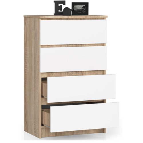 Commode K60 Chêne Sonoma 60 Cm 4 Tiroirs Façade Blanche 60x40x99 Cm