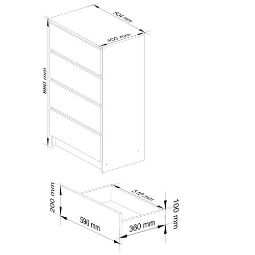 Commode K60 Chêne Sonoma 60 Cm 4 Tiroirs Façade Blanche 60x40x99 Cm