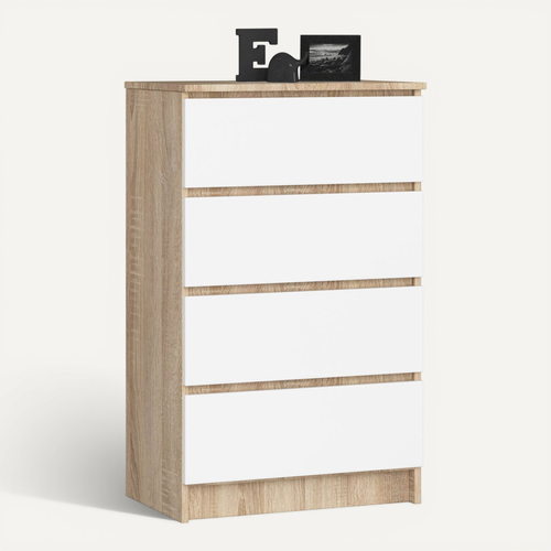 Commode K60 Chêne Sonoma 60 Cm 4 Tiroirs Façade Blanche 60x40x99 Cm