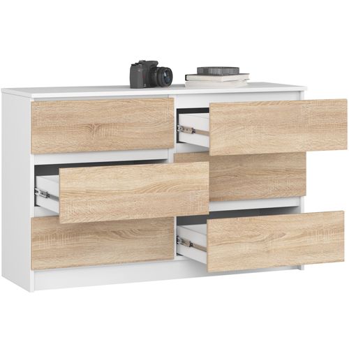 Commode Akord K120 Blanche 120 Cm 6 Tiroirs Façade Chêne Sonoma 120x40x77 Cm
