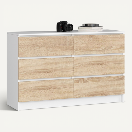 Commode Akord K120 Blanche 120 Cm 6 Tiroirs Façade Chêne Sonoma 120x40x77 Cm