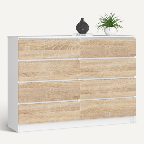 Commode K140 Blanche 138 Cm 8 Tiroirs Façade Chêne Sonoma 138x40x99 Cm