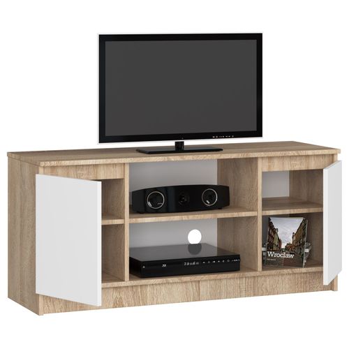Meuble TV Pour Salon Chêne Sonoma 120 Cm 2 Portes Façade Blanche 2 Étagères 120x40x55 Cm