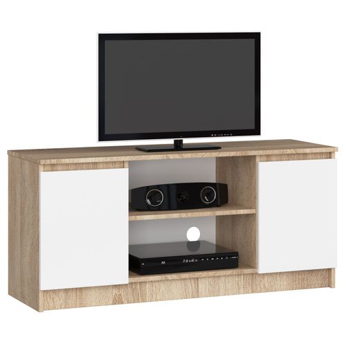 Meuble TV Pour Salon Chêne Sonoma 120 Cm 2 Portes Façade Blanche 2 Étagères 120x40x55 Cm