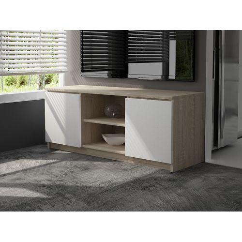 Meuble TV Pour Salon Chêne Sonoma 120 Cm 2 Portes Façade Blanche 2 Étagères 120x40x55 Cm