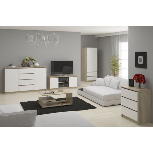 Meuble TV Pour Salon Chêne Sonoma 120 Cm 2 Portes Façade Blanche 2 Étagères 120x40x55 Cm