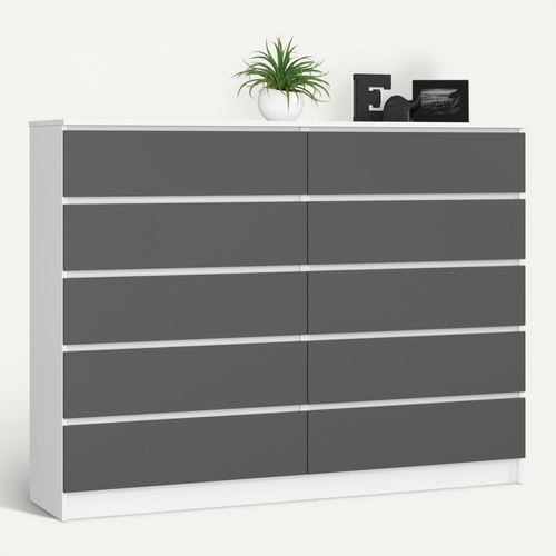 Grande Commode Pour Le Salon Akord K160 Blanche 160 Cm 10 Tiroirs Façade Gris Graphite 160x40x121 Cm