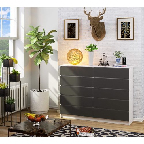 Grande Commode Pour Le Salon Akord K160 Blanche 160 Cm 10 Tiroirs Façade Gris Graphite 160x40x121 Cm