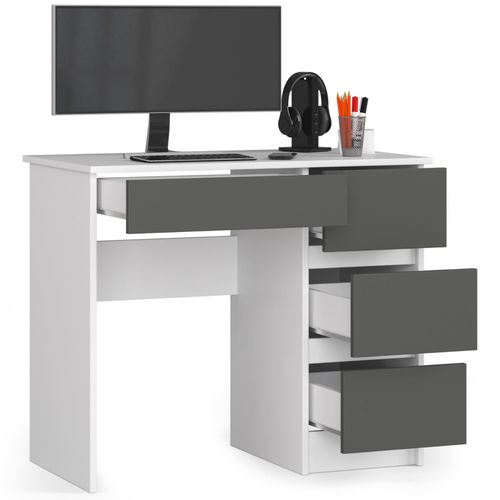 Bureau D'ordinateur Droit A7 Blanc 90 Cm 4 Tiroirs Façade Gris Graphite 90x50x77 Cm