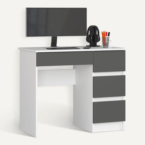 Bureau D'ordinateur Droit A7 Blanc 90 Cm 4 Tiroirs Façade Gris Graphite 90x50x77 Cm