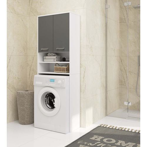 Meuble Pour Machine à Laver Blanche 64 Cm 2 Portes Façade Gris Graphite 4 Étagères 64x30x180 Cm