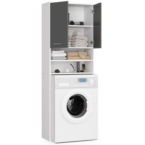 Meuble Pour Machine à Laver Blanche 64 Cm 2 Portes Façade Gris Graphite 4 Étagères 64x30x180 Cm
