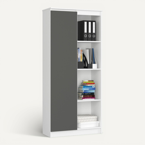 Bibliothèque De Bureau R80 Blanche 80 Cm 1 Porte Façade Gris Graphite 8 Étagères 80x35x180 Cm