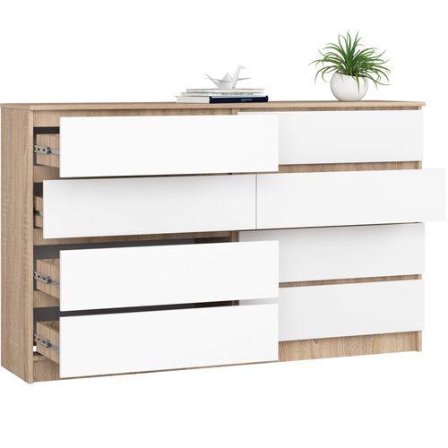 Grande Commode Pour Le Salon Akord K160 Chêne Sonoma 160 Cm 8 Tiroirs Façade Blanche 160x40x99 Cm