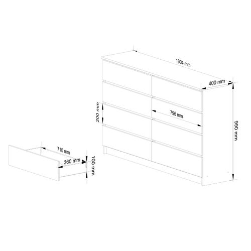 Grande Commode Pour Le Salon Akord K160 Chêne Sonoma 160 Cm 8 Tiroirs Façade Blanche 160x40x99 Cm