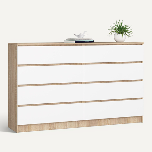 Grande Commode Pour Le Salon Akord K160 Chêne Sonoma 160 Cm 8 Tiroirs Façade Blanche 160x40x99 Cm