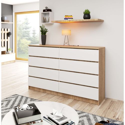 Grande Commode Pour Le Salon Akord K160 Chêne Sonoma 160 Cm 8 Tiroirs Façade Blanche 160x40x99 Cm