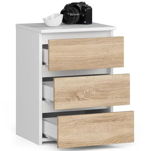 Table De Chevet Akord Cl3 Blanche 40 Cm 3 Tiroirs Façade Chêne Sonoma 40x35x57 Cm