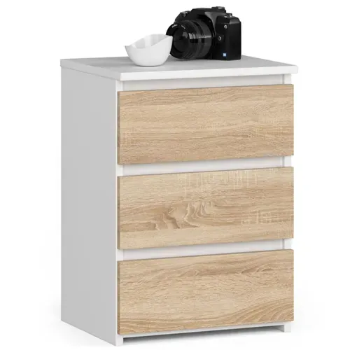 Table De Chevet Akord Cl3 Blanche 40 Cm 3 Tiroirs Façade Chêne Sonoma 40x35x57 Cm