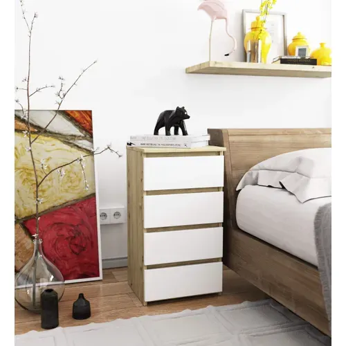 Commode Cl4 Chêne Artisan 40 Cm 4 Tiroirs Façade Blanche 40x35x74 Cm