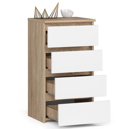 Commode Cl4 Chêne Sonoma 40 Cm 4 Tiroirs Façade Blanche 40x35x74 Cm