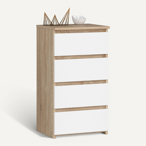 Commode Cl4 Chêne Sonoma 40 Cm 4 Tiroirs Façade Blanche 40x35x74 Cm