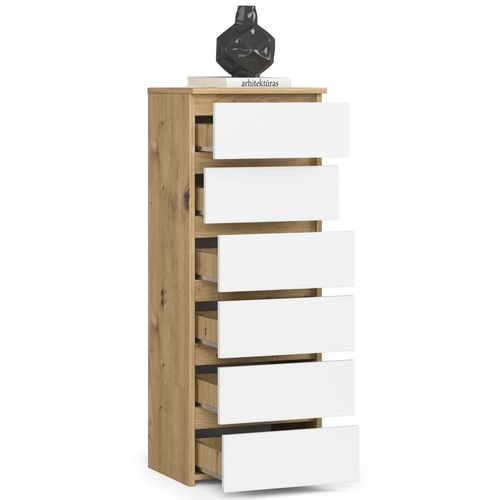 Commode Cl6 Chêne Artisan 40 Cm 6 Tiroirs Façade Blanche 40x35x109 Cm