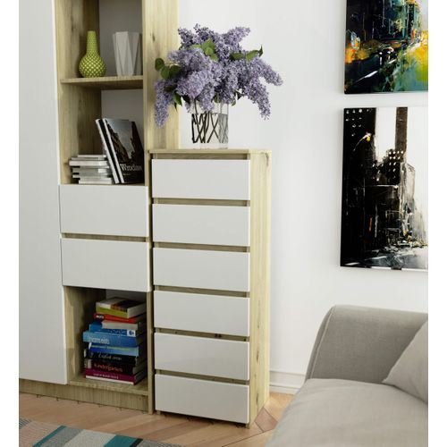Commode Cl6 Chêne Artisan 40 Cm 6 Tiroirs Façade Blanche 40x35x109 Cm