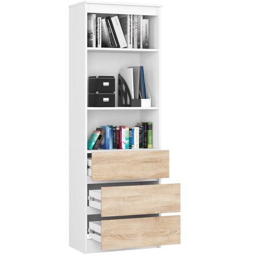Bibliothèque De Bureau R60 Blanche 60 Cm 3 Tiroirs Façade Chêne Sonoma 3 Étagères 60x35x180 Cm